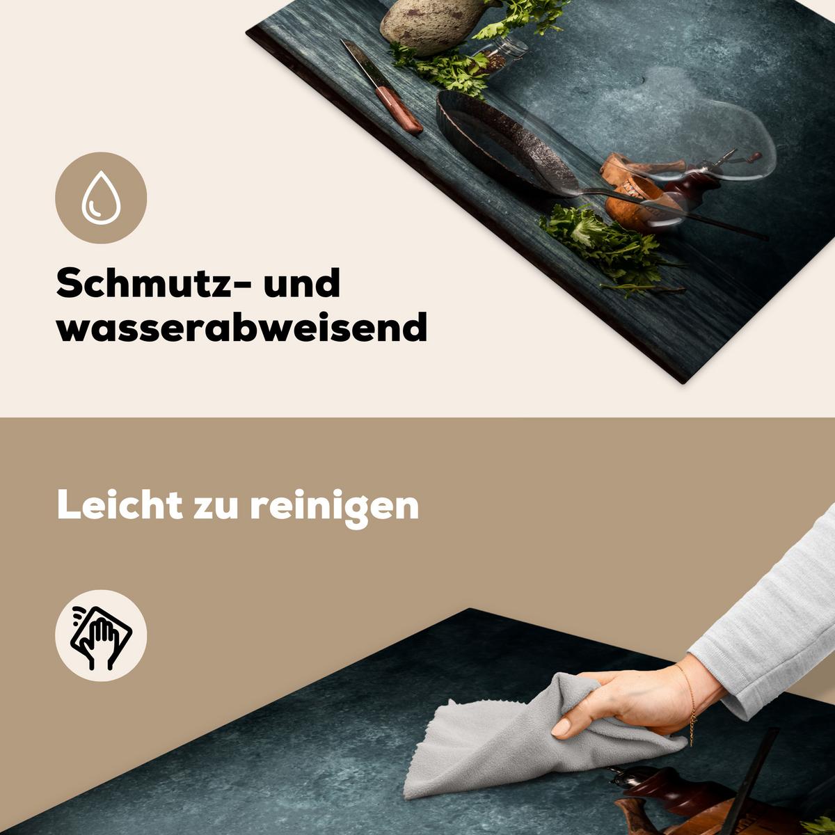 HERDABDECKPLATTE Kräuter - Gewürze - Pfanne - Messer - Grau - Rustikal Induktionsmatte 77x51 cm - Petrol, Kunststoff (77/51/0.2cm) - MuchoWow