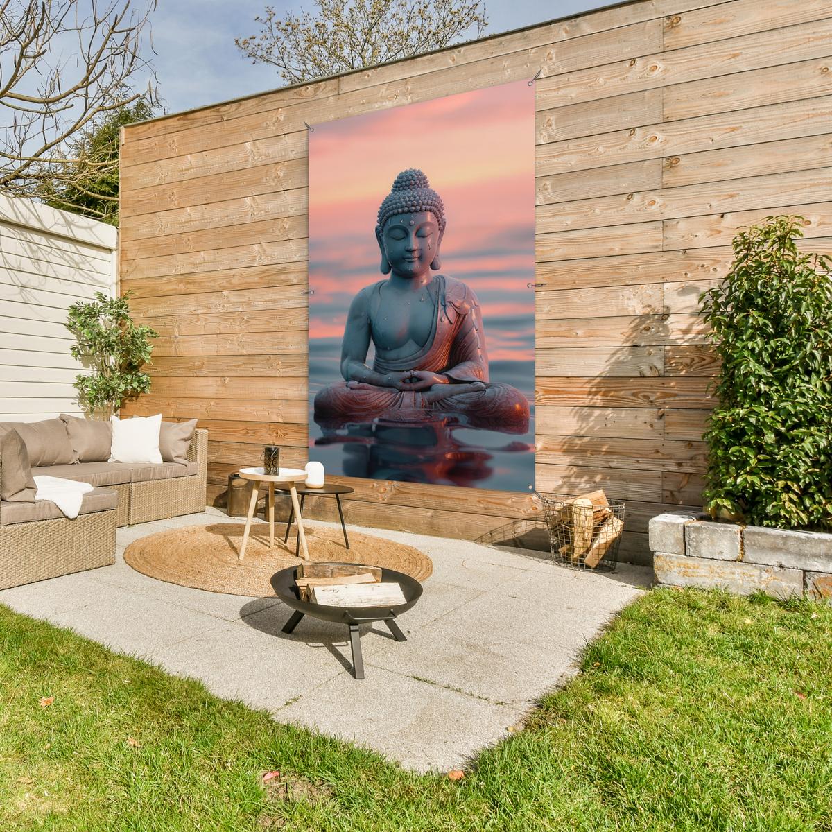 GARTENPOSTER Buddha - Statue - Buddha - Wasser - Kunst - Buddha Bild 120x180 cm - Blaugrau, Kunststoff (120/180/0.2cm) - OnlyWow