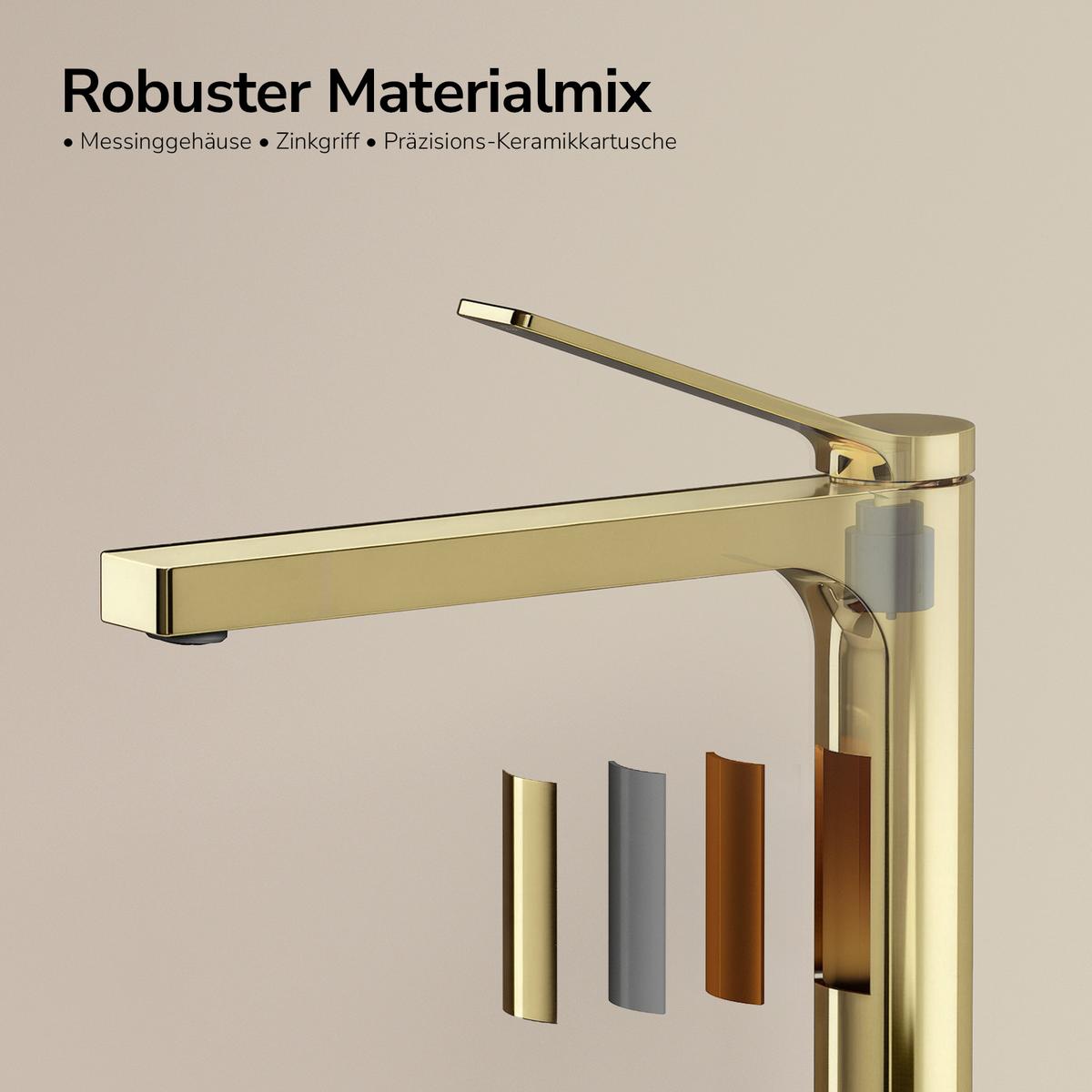 WASCHTISCHARMATUR mit Zertifiziertem Filterelement Champagnergold Hoher Stil - Goldfarben, Metall (23.3/4.6/33.5cm) - EMKE