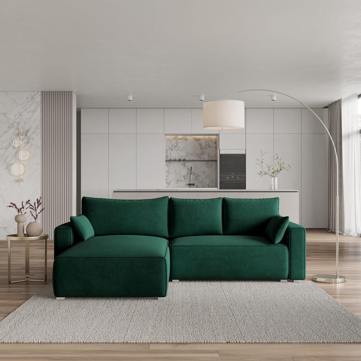 ECKSOFA FORIL Grün Velours-Stoff mit Schlaffunktion - Grau/Grün, Holz/Kunststoff (265/178cm) - MASSENO