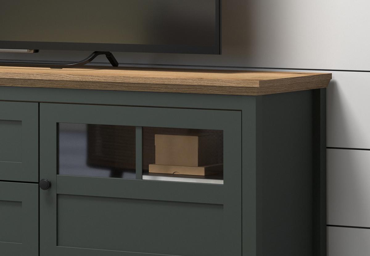 TV-LOWBOARD grün, Evoke Eiche Landhaus 184 x 64 cm, TV Unterteil inklusive LED Beleuchtung - Eichefarben/Schwarz, Holzwerkstoff/Kunststoff (184/64/45cm) - Top.Furn