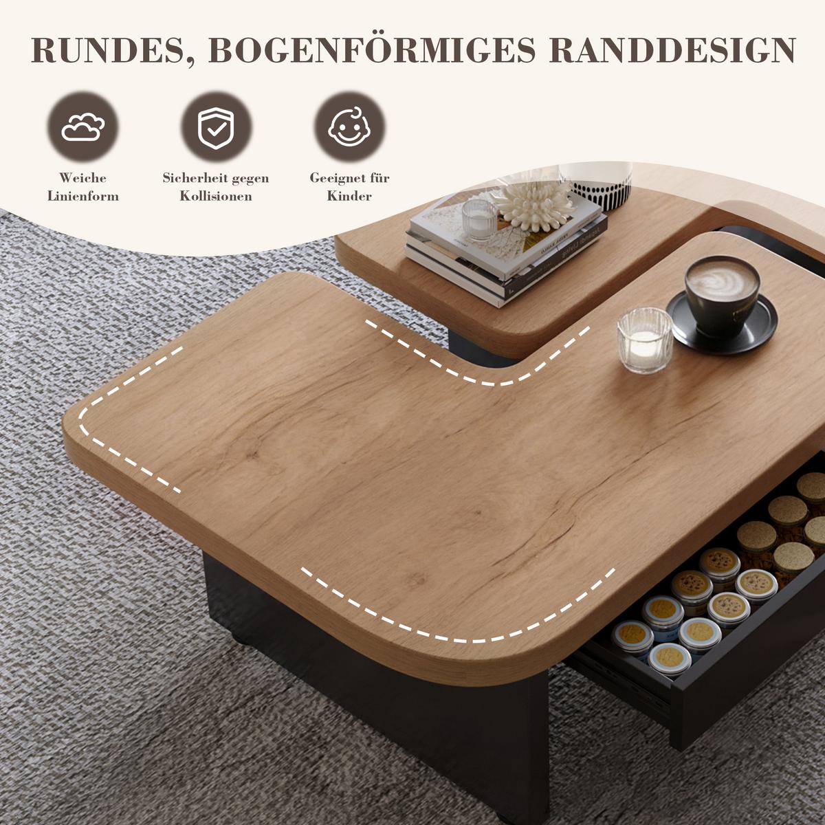COUCHTISCH holzoptik led 2in1 schubladen - Naturfarben, Holzwerkstoff (60/135/44.5cm) - Urban Meuble
