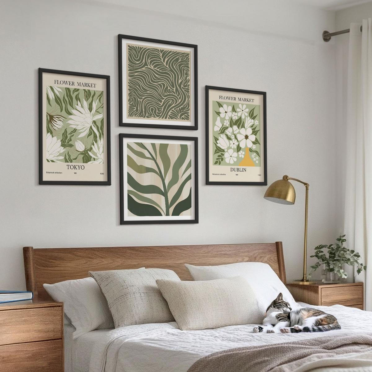 BILDER SET 4er Set - 50x50 cm & 40x60 cm Schwarzer Rahmen - Pflanzenmuster, Boho-Dekorationen - Schwarz, Kunststoff (50/50cm) - TULUP