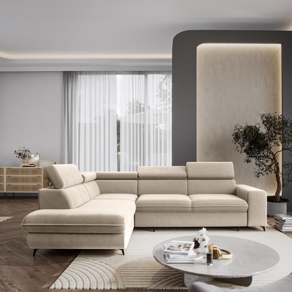 ECKSOFA VELISS Creme Veloursstoff mit Schlaffunktion - Creme, Holz (255/193cm) - MASSENO