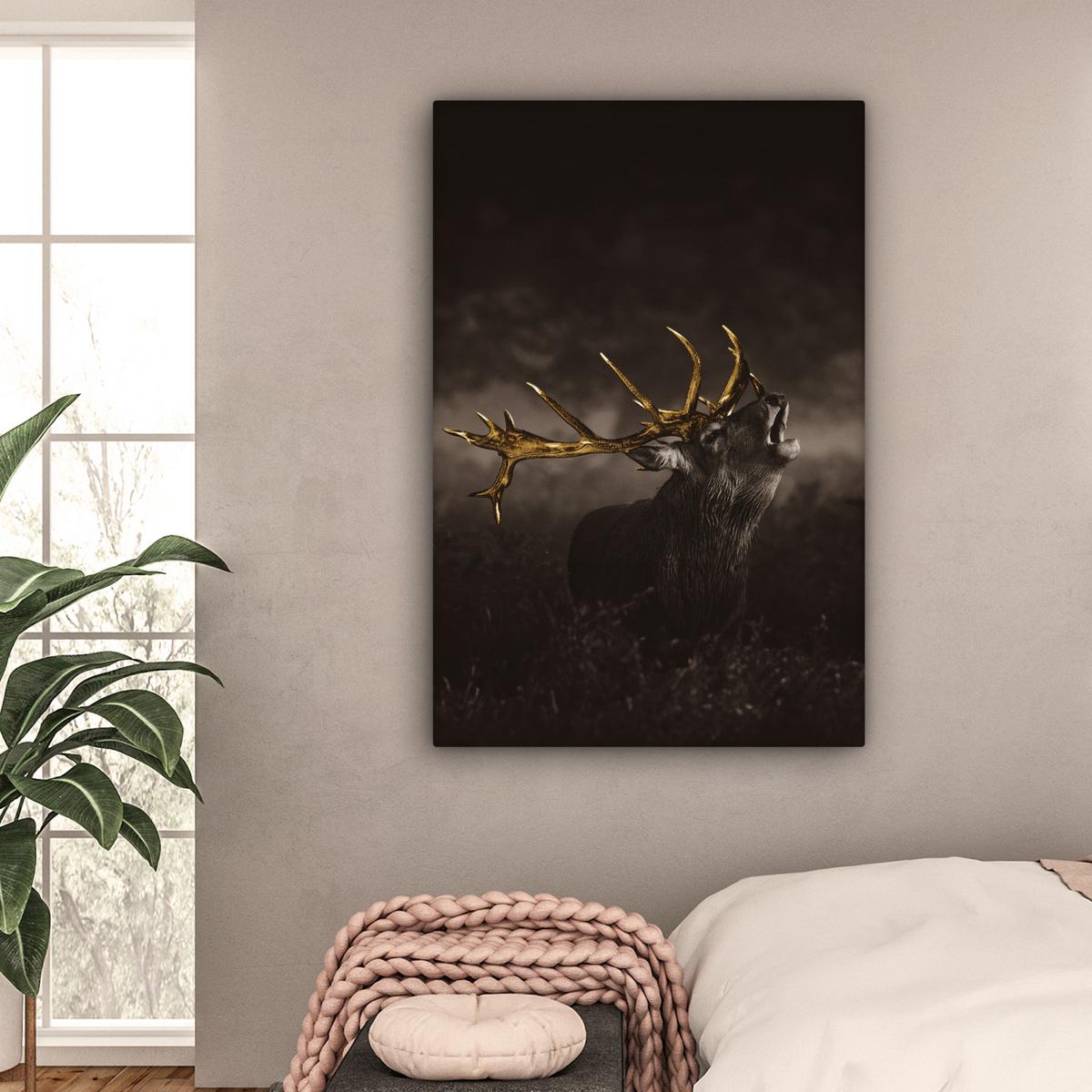 LEINWANDBILD Rotwild - Schwarz - Gold Deko XXL 80x120 cm - Braun, Textil (80/120cm) - MuchoWow
