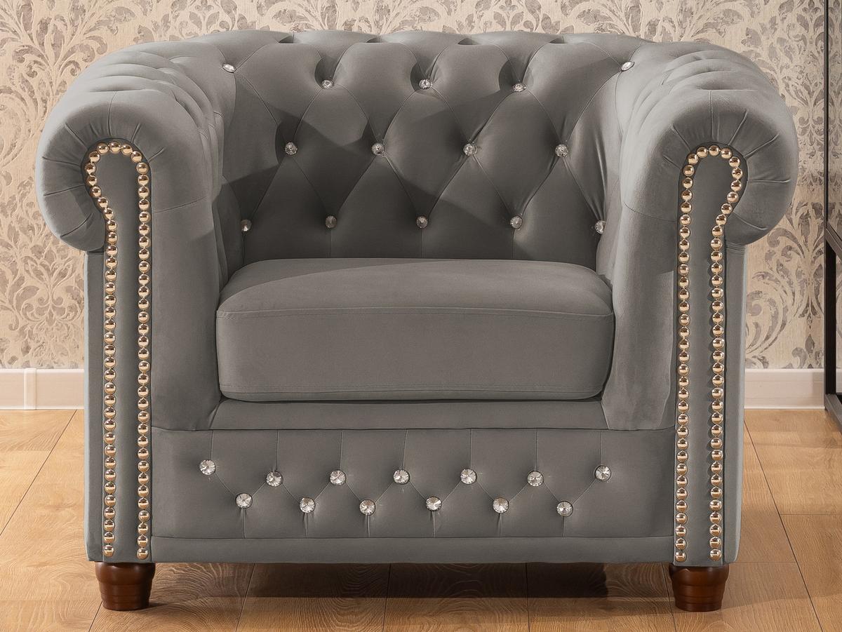 CHESTERFIELD-SESSEL Cleo Blink Grau Samt mit Kristallsteppung und braunen Massivholzfüßen - Beige/Braun, Holz/Textil (104/72/86cm) - S-Style Möbel