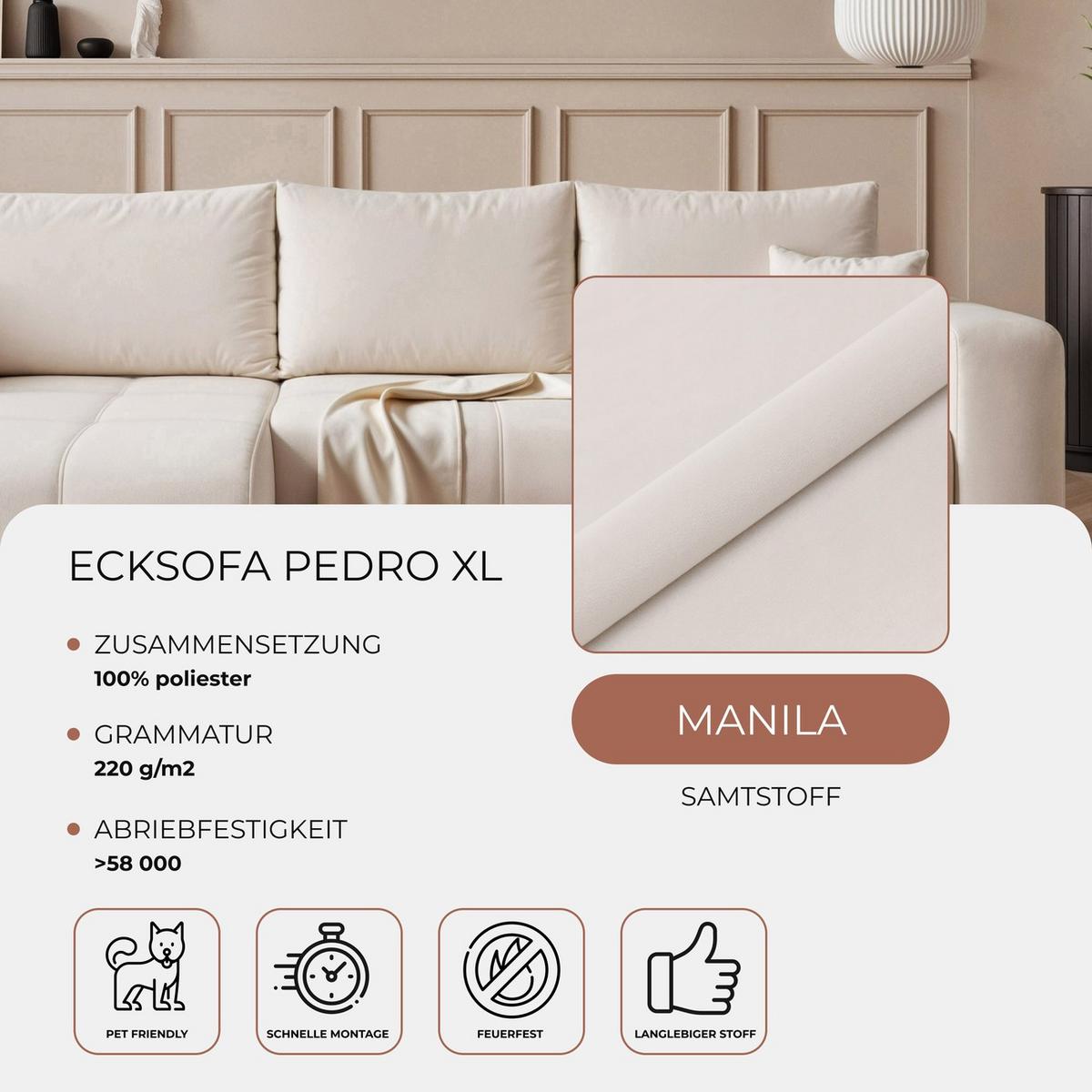 ECKSOFA XL Velours mit Bettkasten und Schlaffunktion - Creme, Holzwerkstoff/Textil (278/145cm) - Idohome