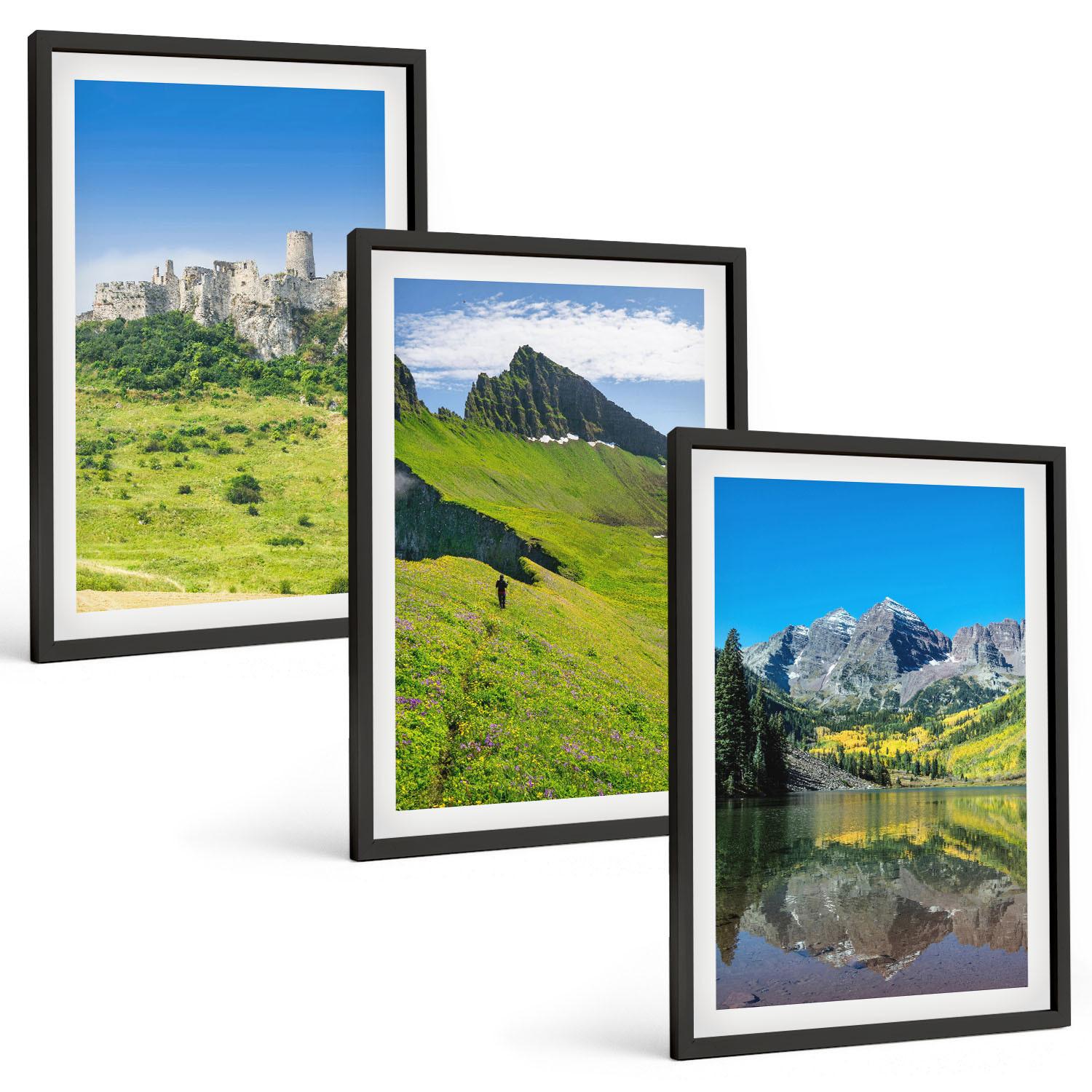 BILDER SET 3er Set - 40x60 cm Schwarzer Rahmen - Grüne Hügel mit einer Burg - Schwarz, Kunststoff (40/60cm) - TULUP