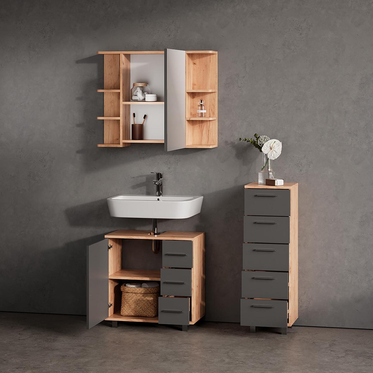 WASCHBECKENUNTERSCHRANK Eisak Goldkraft Eiche 60 x 60 cm - Honigeiche, Holzwerkstoff (60/60/33cm) - Livinity®
