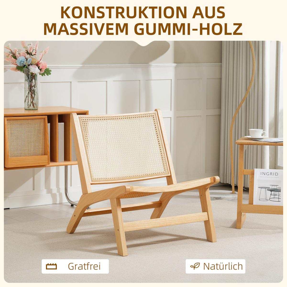 RATTANSTUHL ohne Armlehne, Stuhl mit Rattan-Rückenlehne, Holzrahmen - Naturfarben, Kunststoff (64/74/70cm) - HOMCOM