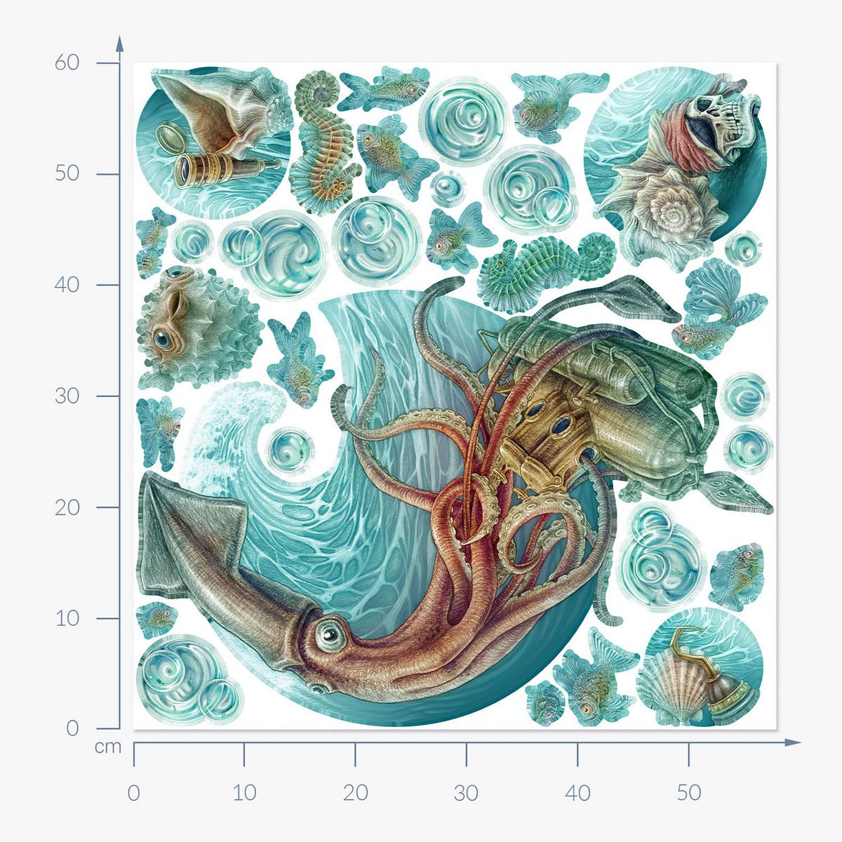 WANDAUFKLEBER 60x58cm - Unterwasserwelt - Multicolor, Kunststoff (60/58/0.1cm) - Wallfluent