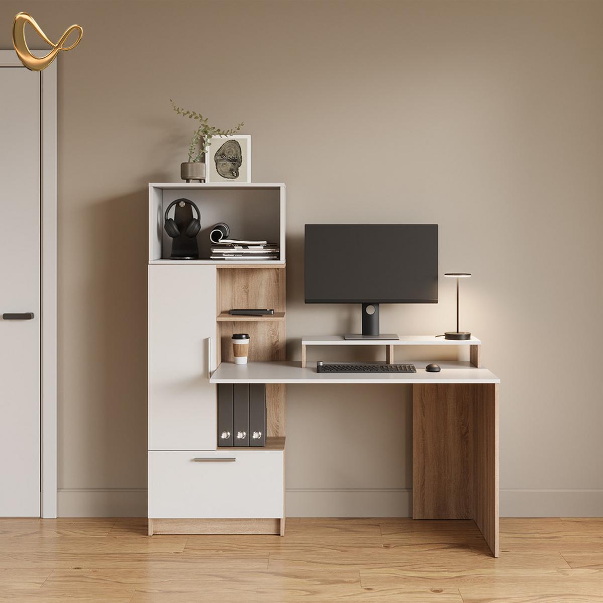 SCHREIBTISCH Lorena Sonoma/Weiß 150 x 120.1 cm mit 2 Türen - Weiß/Sonoma Eiche, Holzwerkstoff (59.3/150/120.1cm) - Livinity®