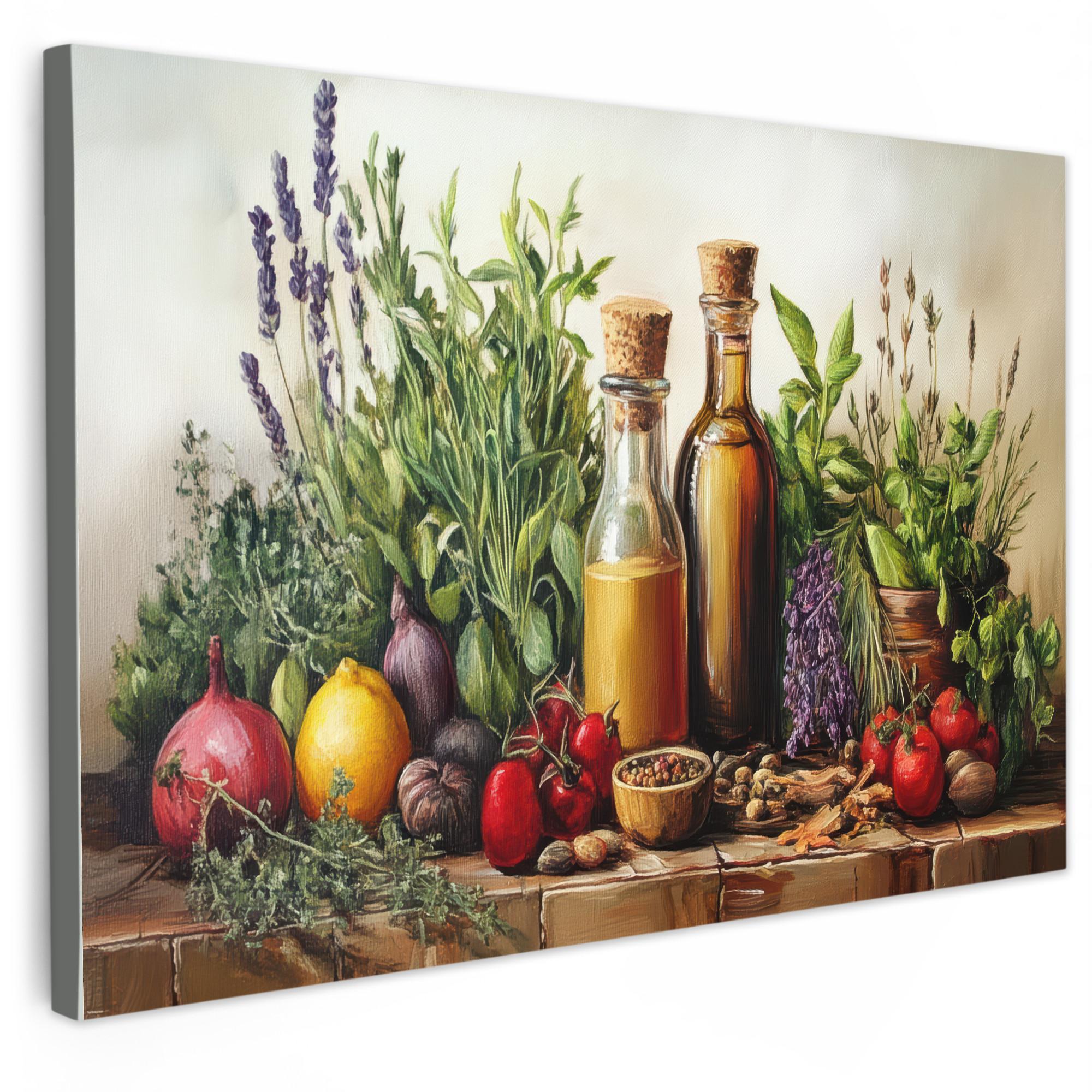 LEINWANDBILD Stilleben - Kräuter - Gewürze - Früchte - Farbenfroh Wanddeko 90x60 cm - Grün, Textil (90/60cm) - MuchoWow