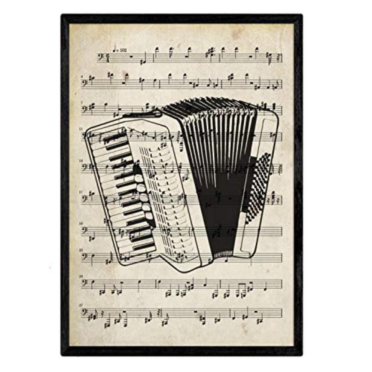 POSTER Set mit 4 Instrumente mit Noten Klavier, Geige, Cello, Akkordeon A4 Schwarzer Rahmen - Schwarz, Papier (29.7/3cm) - Nacnic