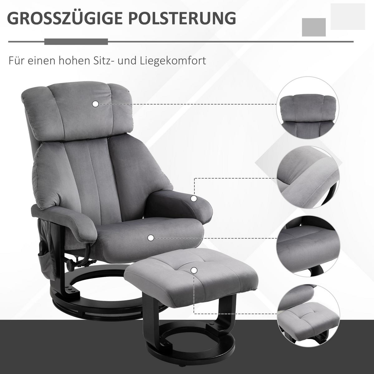MASSAGESESSEL inkl. Hocker Fernsehsessel drehbar Relaxsessel Samt-Touch Grau - Schwarz/Grau, Textil/Metall (80/102/76cm) - HOMCOM