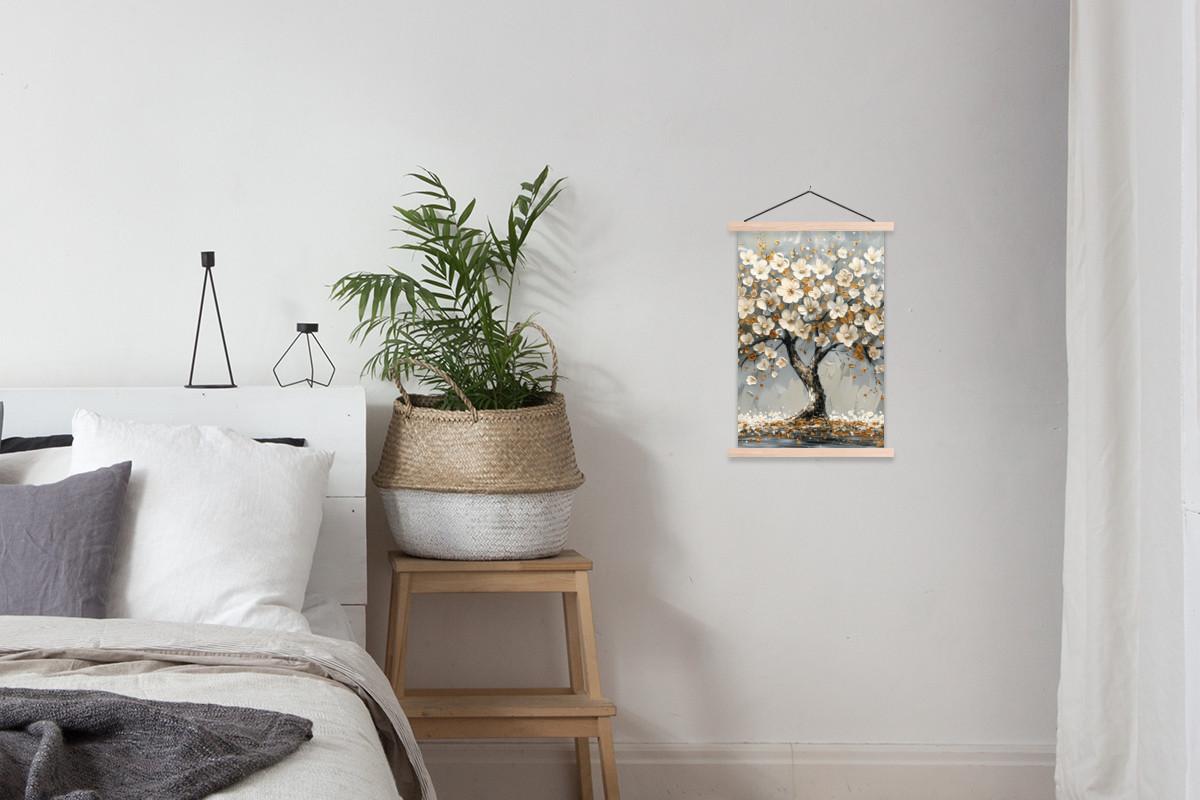 POSTER MIT MAGNETLEISTEN Baum - Blumen - Weiß - Natur - Kunst Deko Wohnzimmer 40x60 cm - Weiß, Textil (40/60/0.15cm) - MuchoWow