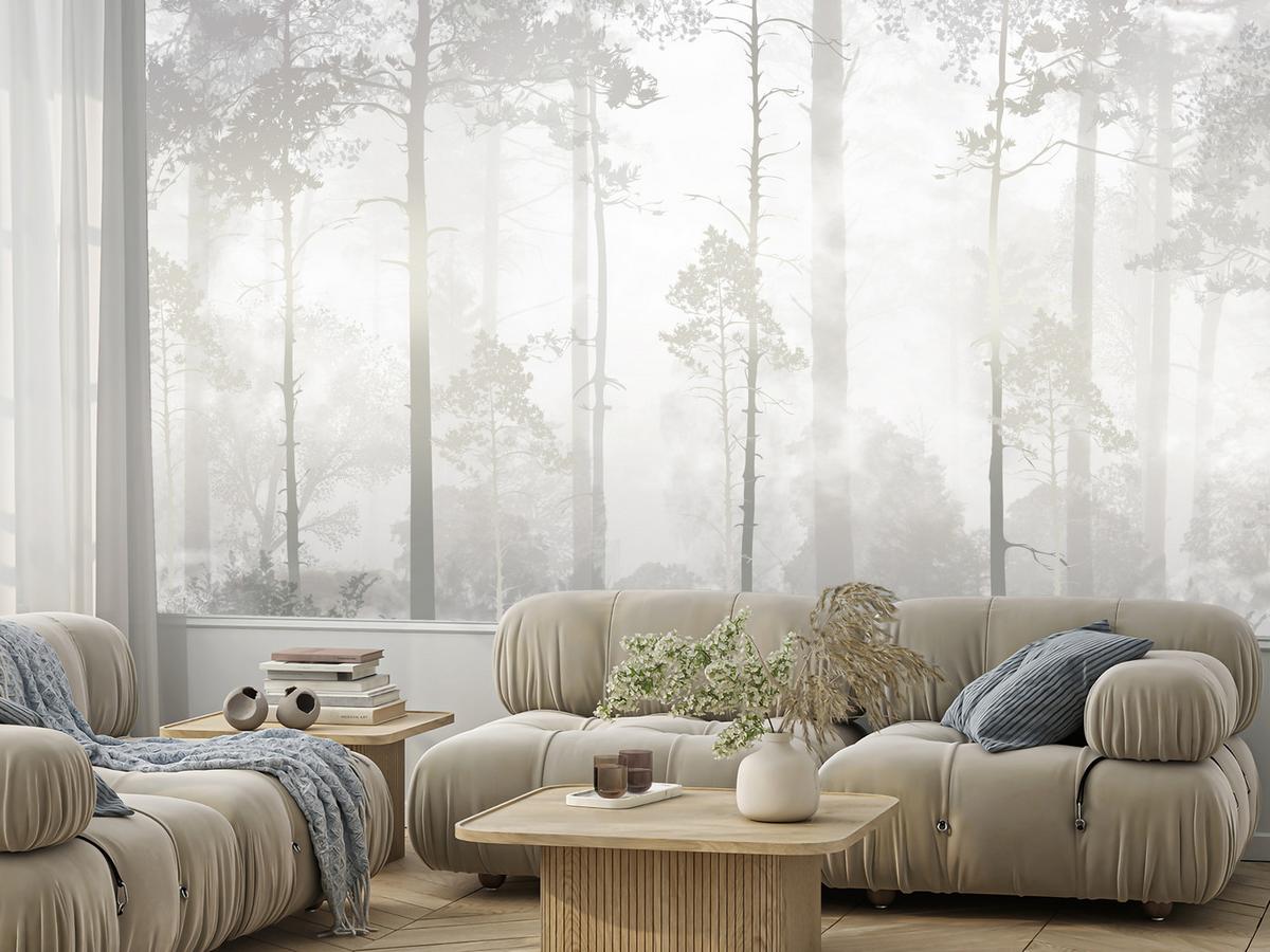 FOTOTAPETE für Schlafzimmer Nebliger Wald Bäume Sträucher Mystik 200x140 - Beige/Weiß, Papier (200/140cm) - Muralo