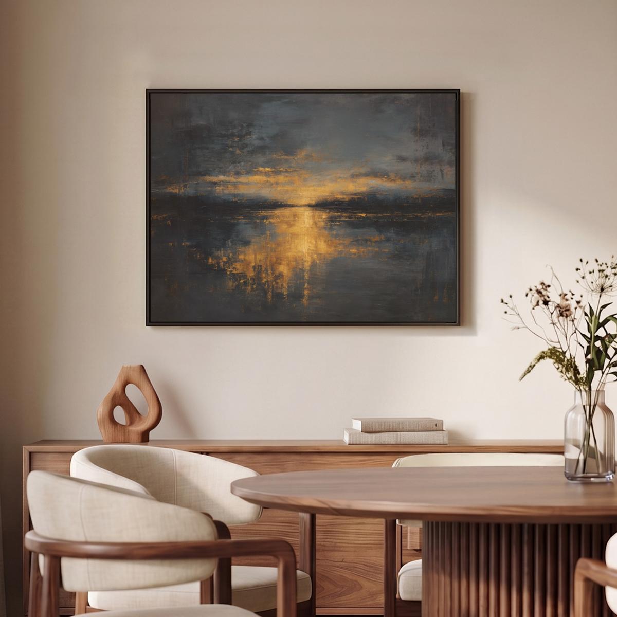 LEINWAND Bilder mit Rahmen - Goldene Reflexion auf dem Wasser - 70x50 - Anthrazit, Textil (70/50cm) - MuchoWow
