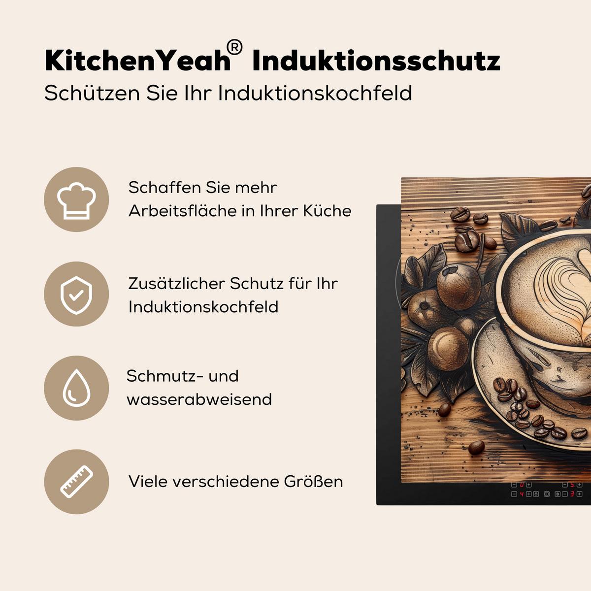 HERDABDECKPLATTE Kaffee - Vintage - Braun - Tasse - Holz Herdabdeckung Induktionsfeld 65x52 cm - Cappuccino, Kunststoff (65/52/0.2cm) - MuchoWow