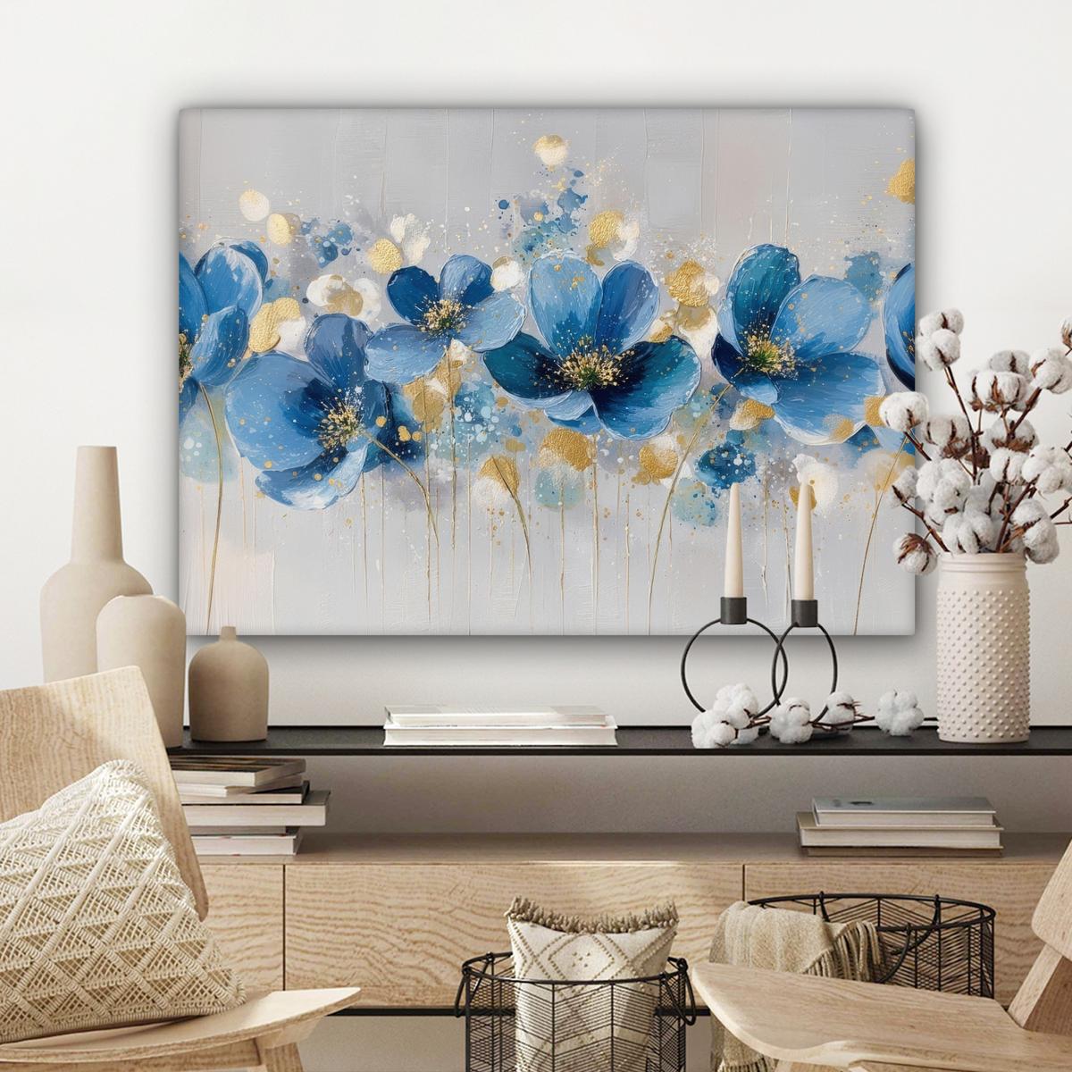 LEINWANDBILD Blumen - Blau - Abstrakt Wandbilder 80x60 cm - Hellgrau, Textil (80/60cm) - MuchoWow
