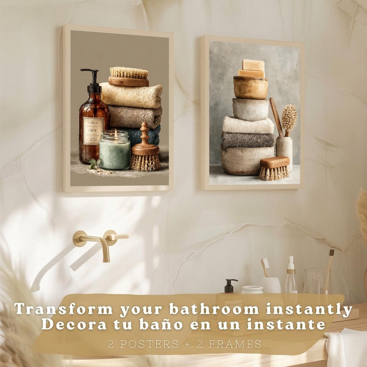 POSTER 2er-Set dekorative Badezimmer-Wandbilder und für Waschbecken, Dusche, WC mit Seifen, Handtüchern und Bürsten, Naturstil Leichter Holzrahmen A4 - Beige, Papier (29.7/21/3cm) - Nacnic