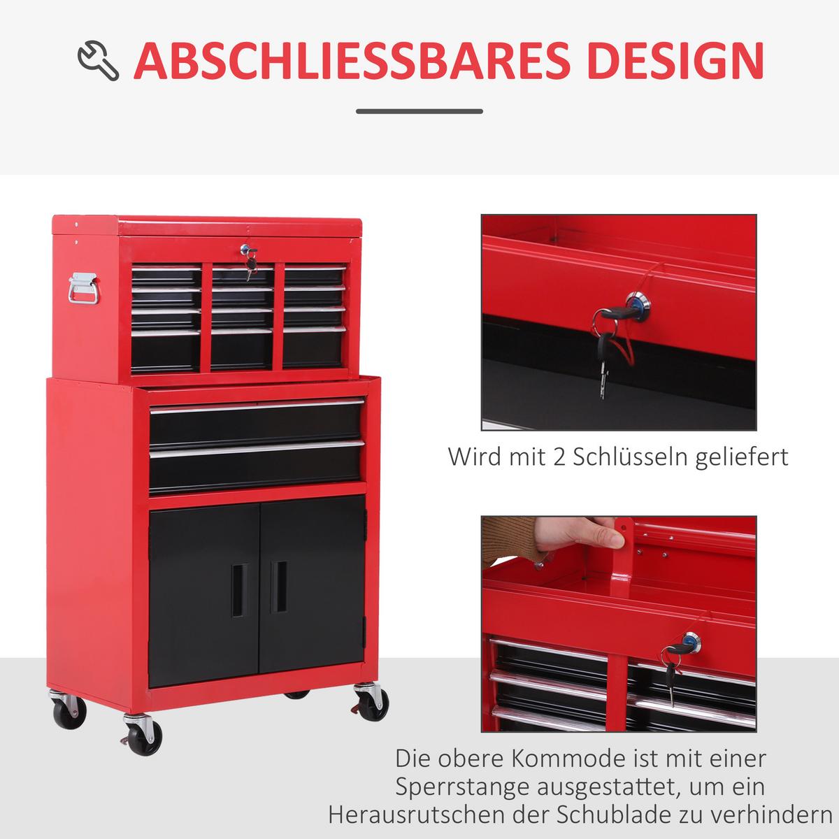 WERKSTATTWAGEN mit Werkzeugkasten 2 Schlüssel Metall Rot+Schwarz - Multicolor, Metall (33/108/61.6cm) - HOMCOM