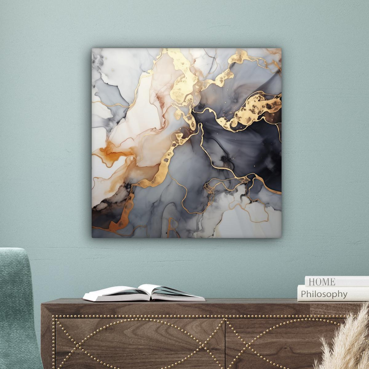 LEINWANDBILD Marmor - Schwarz - Gold - Weiß Wandbild Wohnzimmer 50x50 cm - Dunkelgrau, Textil (50/50cm) - MuchoWow