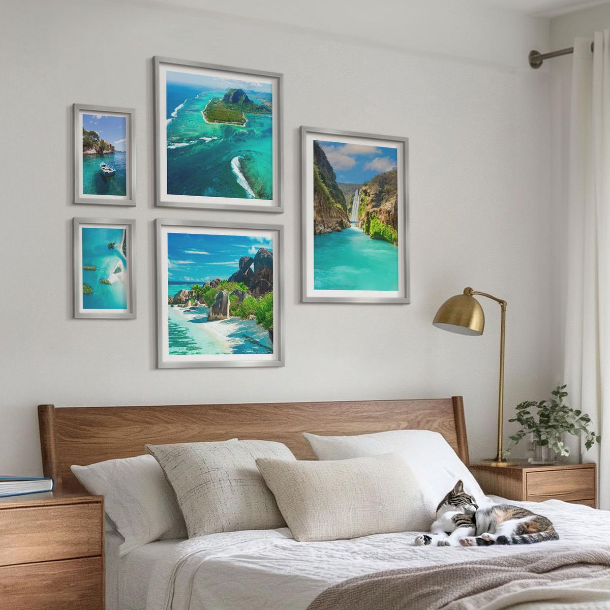 BILDER SET 5er Set - 50x50 cm & 20x30 cm & 40x60 cm Silberner Rahmen - Seeboote Hirsche Berge - Silberfarben, Kunststoff (40/60cm) - TULUP