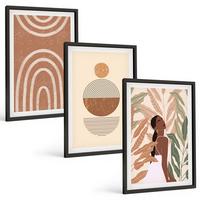 BILDER SET 3er Set - 40x60 cm Schwarzer Rahmen - Stilvolle Pflanzenmuster und Geometrie - Schwarz, Kunststoff (40/60cm) - TULUP