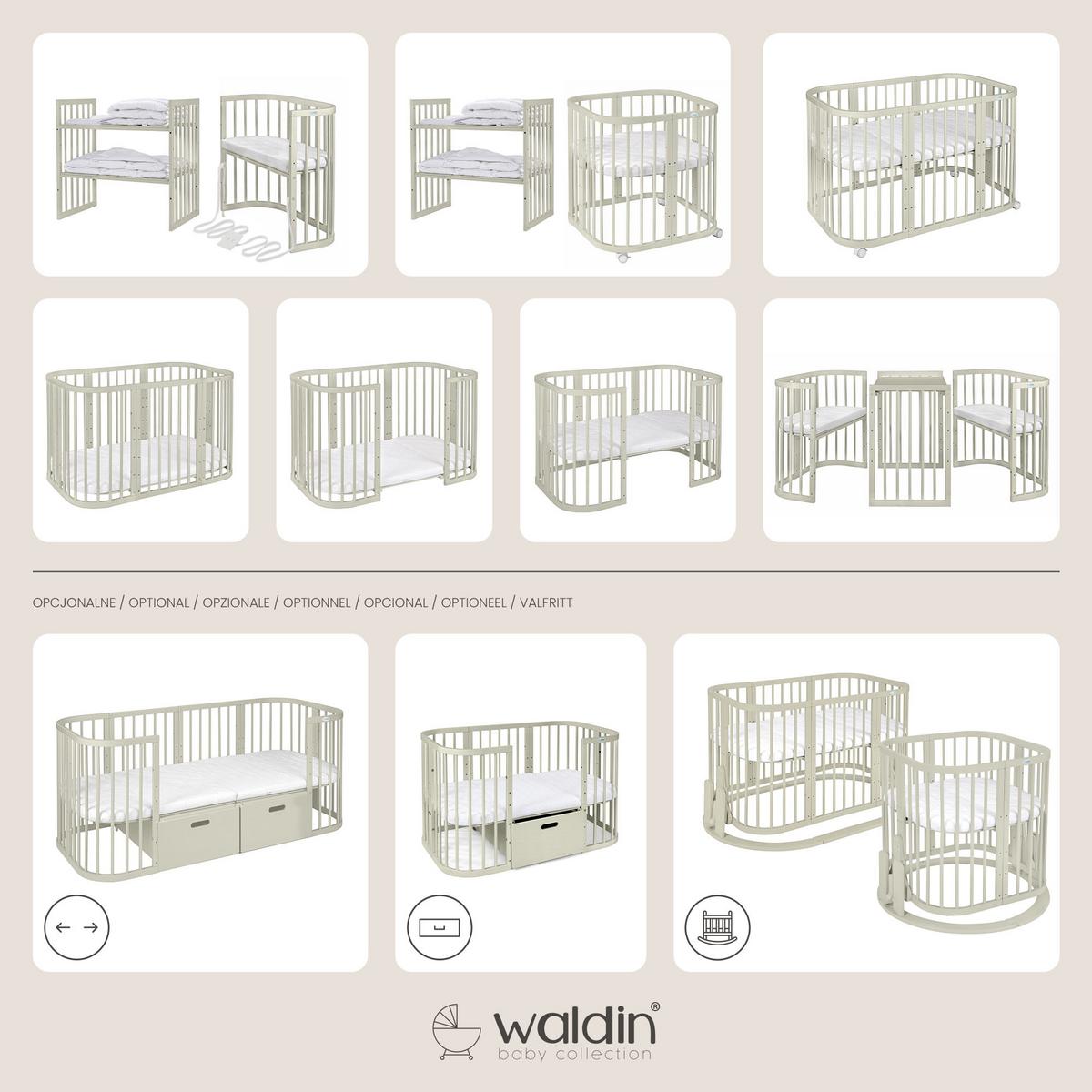BABYBETT OLIVE, 7in1 mit Matratze - Olivgrün, Holz/Textil (73/123cm) - waldin