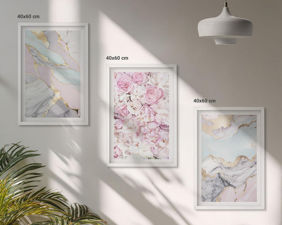BILDER SET 3er Set - 40x60 cm Weißer Rahmen - Rosa Blumen Marmor Pastell - Weiß, Kunststoff (40/60cm) - TULUP