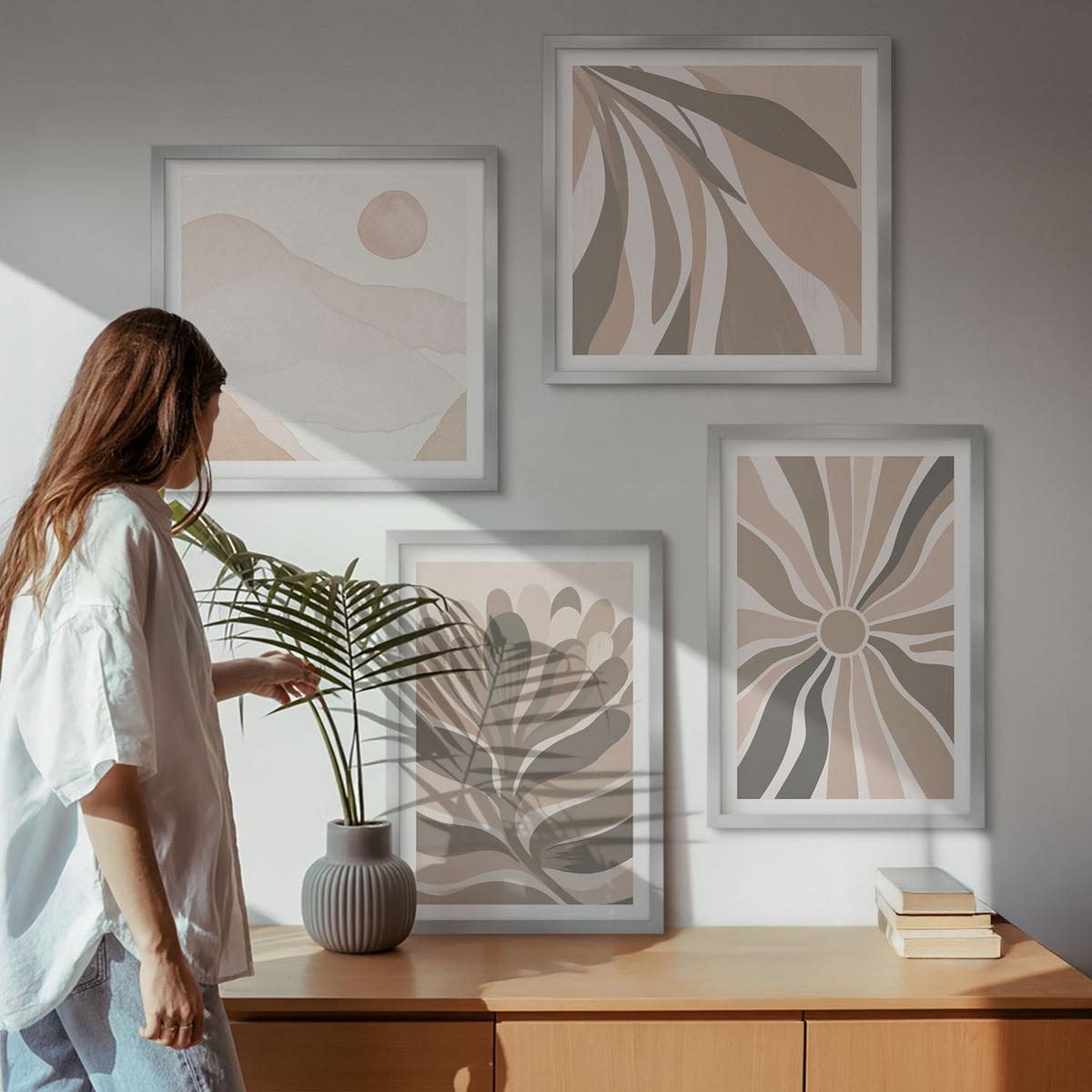 BILDER SET 4er Set - 50x50 cm & 40x60 cm Silberner Rahmen - Abstrakte Pflanzenmuster - Silberfarben, Kunststoff (50/50cm) - TULUP