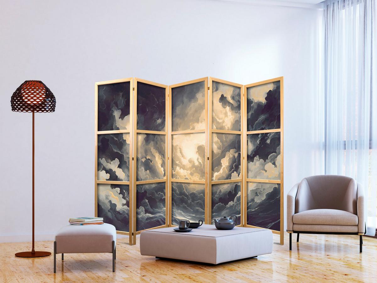 PARAVENT Japanischer 5-tlg 225x172 cm Malerische Wolken - Schwarz, Holz/Textil (225/172/3cm) - Muralo