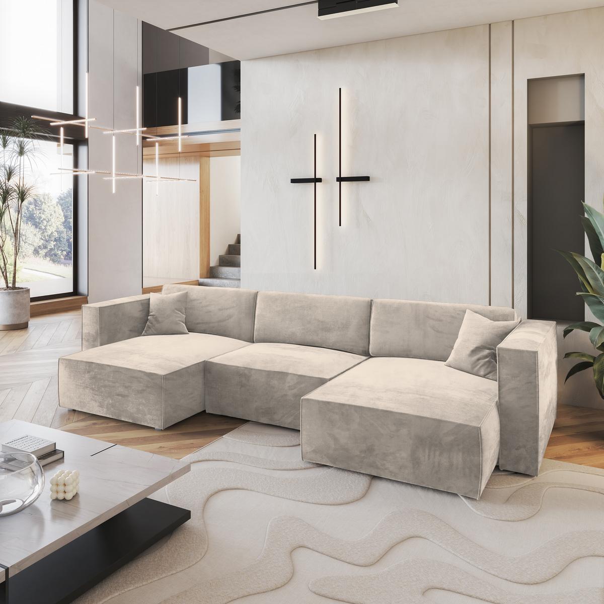 WOHNLANDSCHAFT SARMO M Creme Velours-Stoff mit Schlaffunktion - Creme/Grau, Holz/Kunststoff (347/70/148cm) - MASSENO