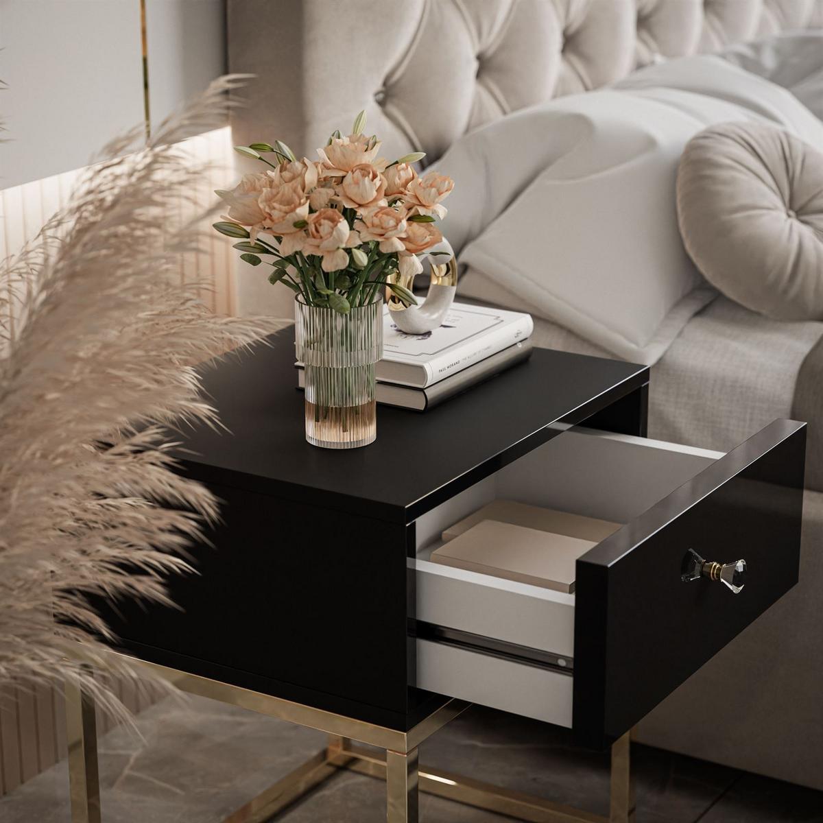 NACHTTISCH BLANCO GOLD Schwarz auf goldenem verchromtem Gestell Kristallgriff - Schwarz Hochglanz/Goldfarben, Holzwerkstoff (45/52/36.6cm) - Lookway