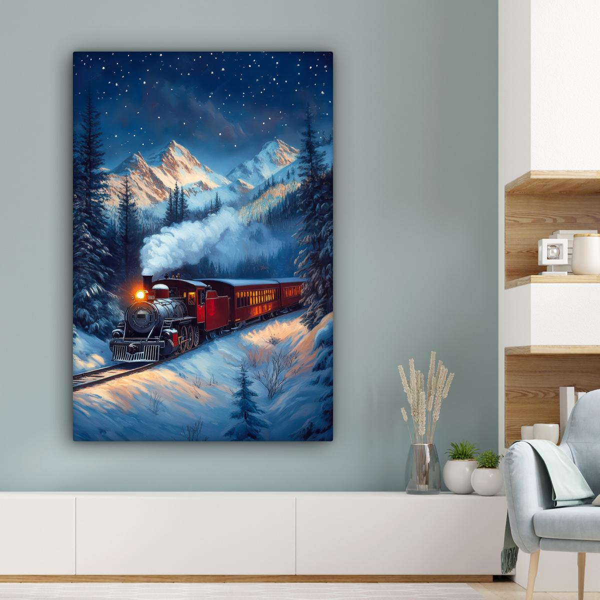 LEINWANDBILD Zug - Weihnachten - Schnee - Weihnachtszug Deko XXL 80x120 cm - Anthrazit, Textil (80/120cm) - MuchoWow