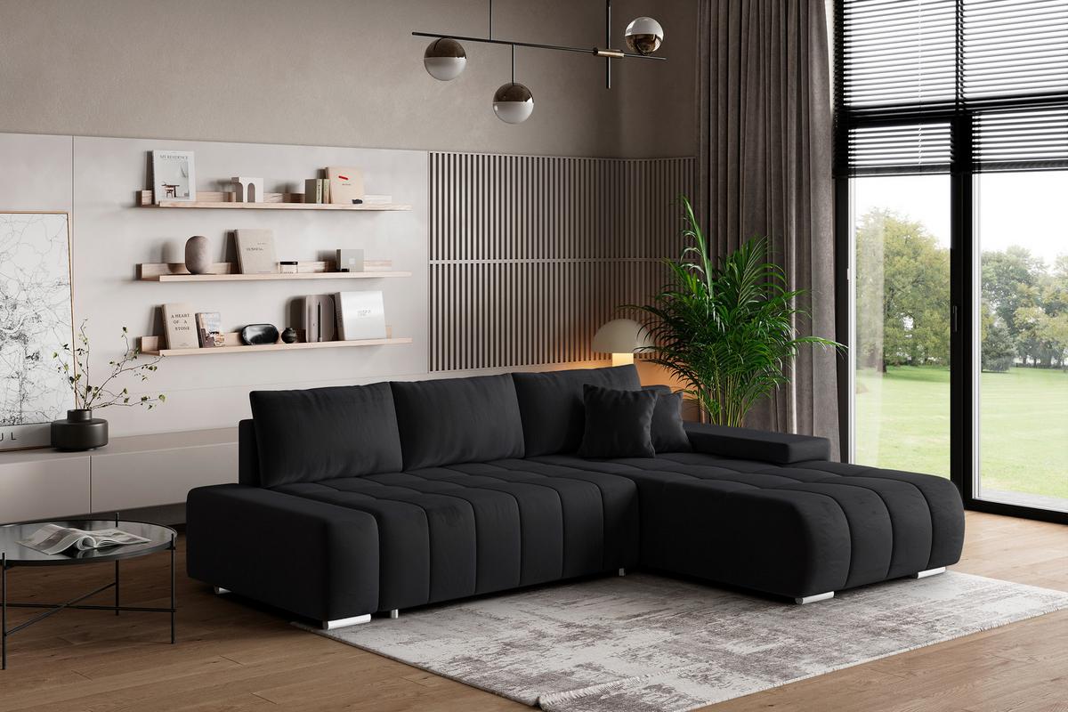 ECKSOFA ALESE R-S Schwarz Velours-Stoff mit Schlaffunktion - Silberfarben/Schwarz, Holz/Textil (265/185cm) - MASSENO
