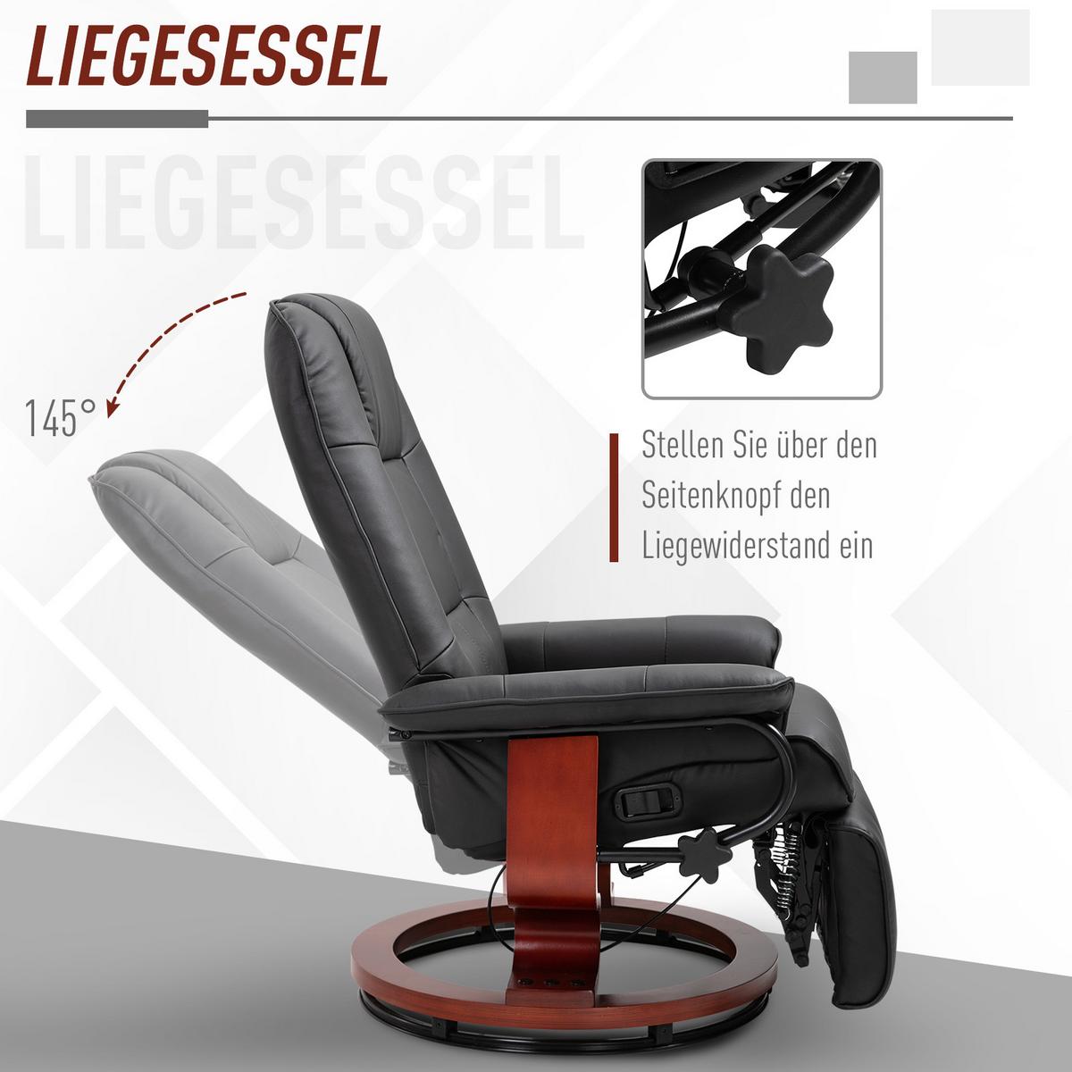 FERNSEHSESSEL Relaxsessel Liegesessel Kunstleder 360° Drehstuhl Holzfuß neigbar - Schwarz/Braun, Leder/Holz (87/100/78cm) - HOMCOM