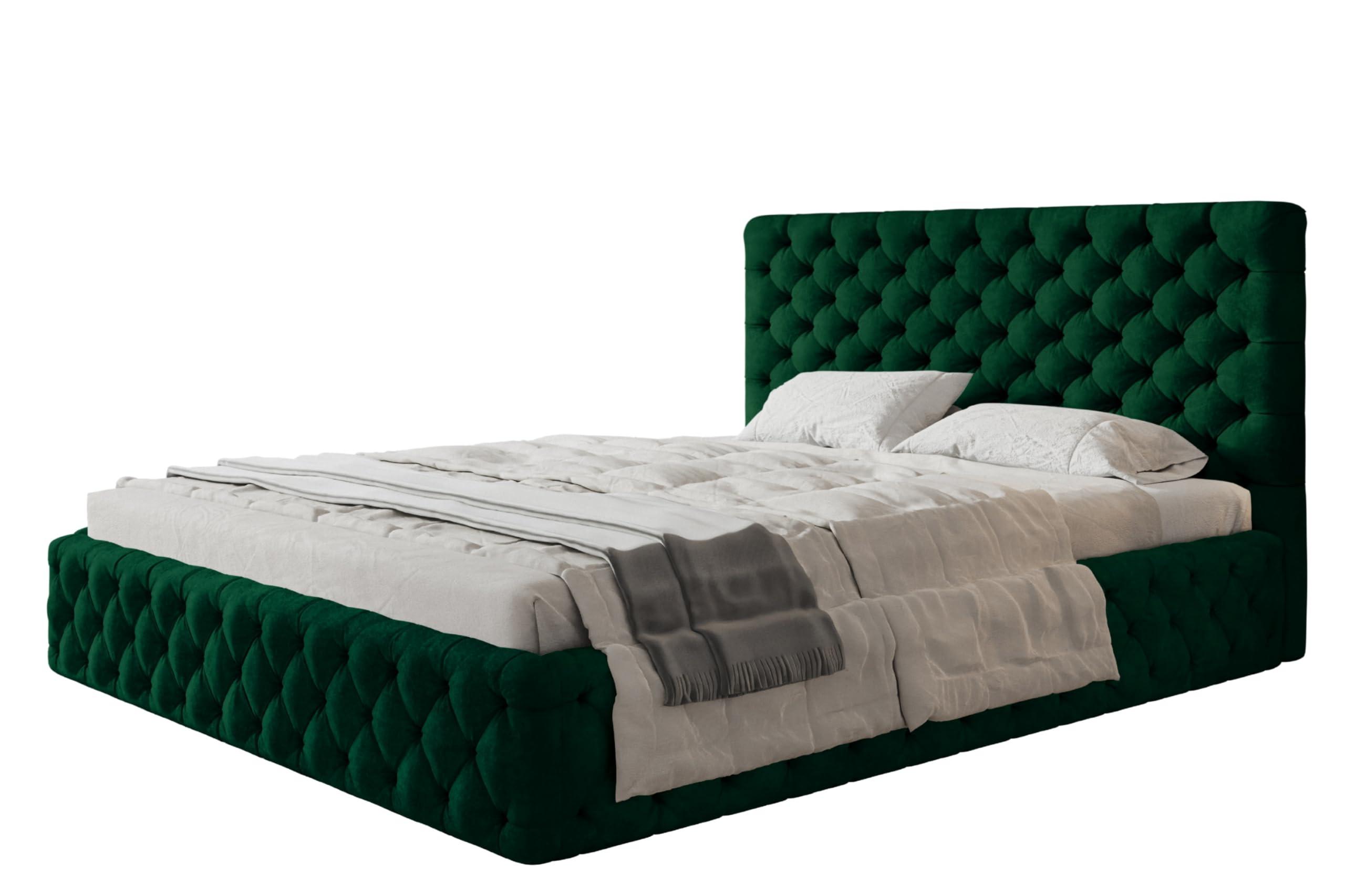 BETT 140x200 - Polsterbett mit Bettkasten und Metallrahmen - Elegant Betten - Glatter Kronos-Stoff - Kollektion Miami, Grün - Grün, Holz/Textil (140/200cm) - Alpi-Möbel
