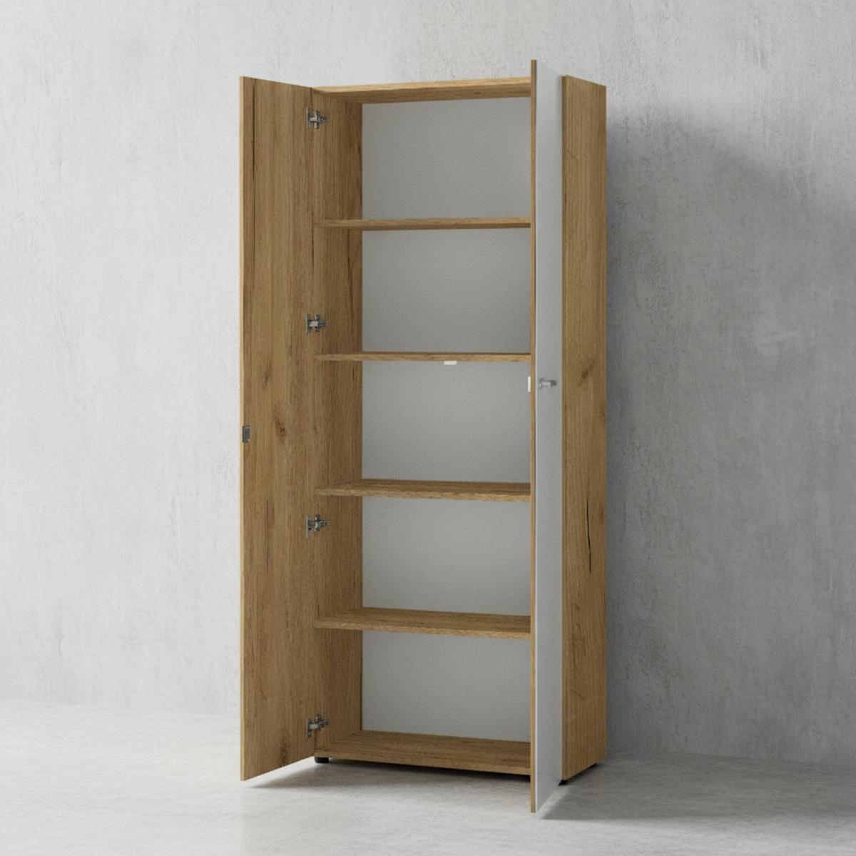 BÜRO-SET MUENCHEN 2-teilig | Schrank & Regal 5 OH | Glas Front & Abschließbar | Chalet-Eiche-Nb./Weiß - Weiß/Braun, Holzwerkstoff/Metall (145/196/37cm) - KADIMA DESIGN