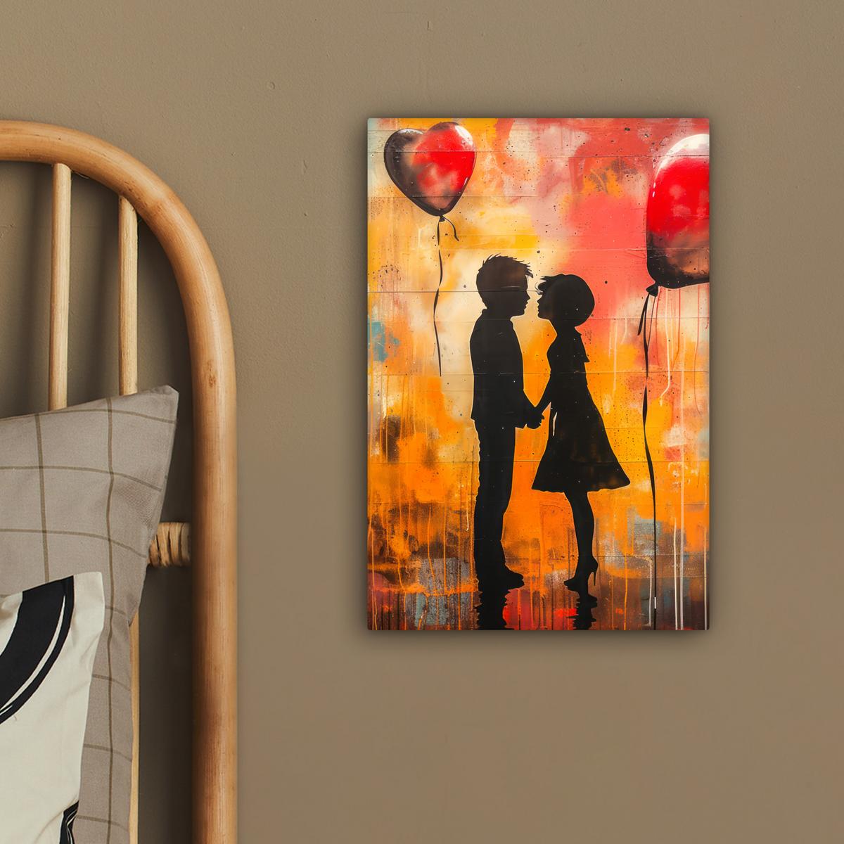 LEINWANDBILD Straßenkunst - Liebe - Graffiti - Kunst - Banksy Deko Wohnzimmer 20x30 cm - Orange, Textil (20/30cm) - MuchoWow
