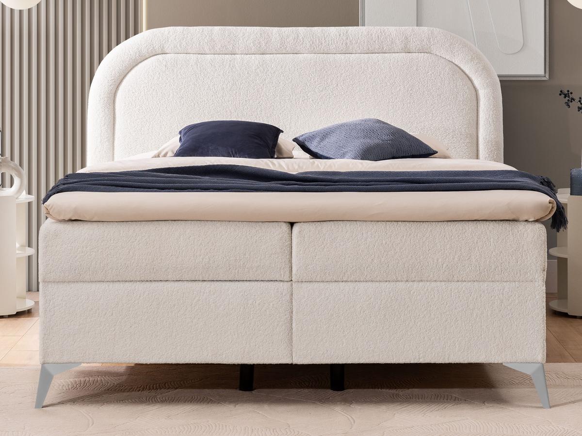 BOXBETT Sonna 200/200 cm Weiß Bouclé-Stoff mit abgerundetem Kopfteil und mit silbernen Metallfüßen - Silberfarben/Weiß, Holz/Textil (200/200cm) - S-Style Möbel