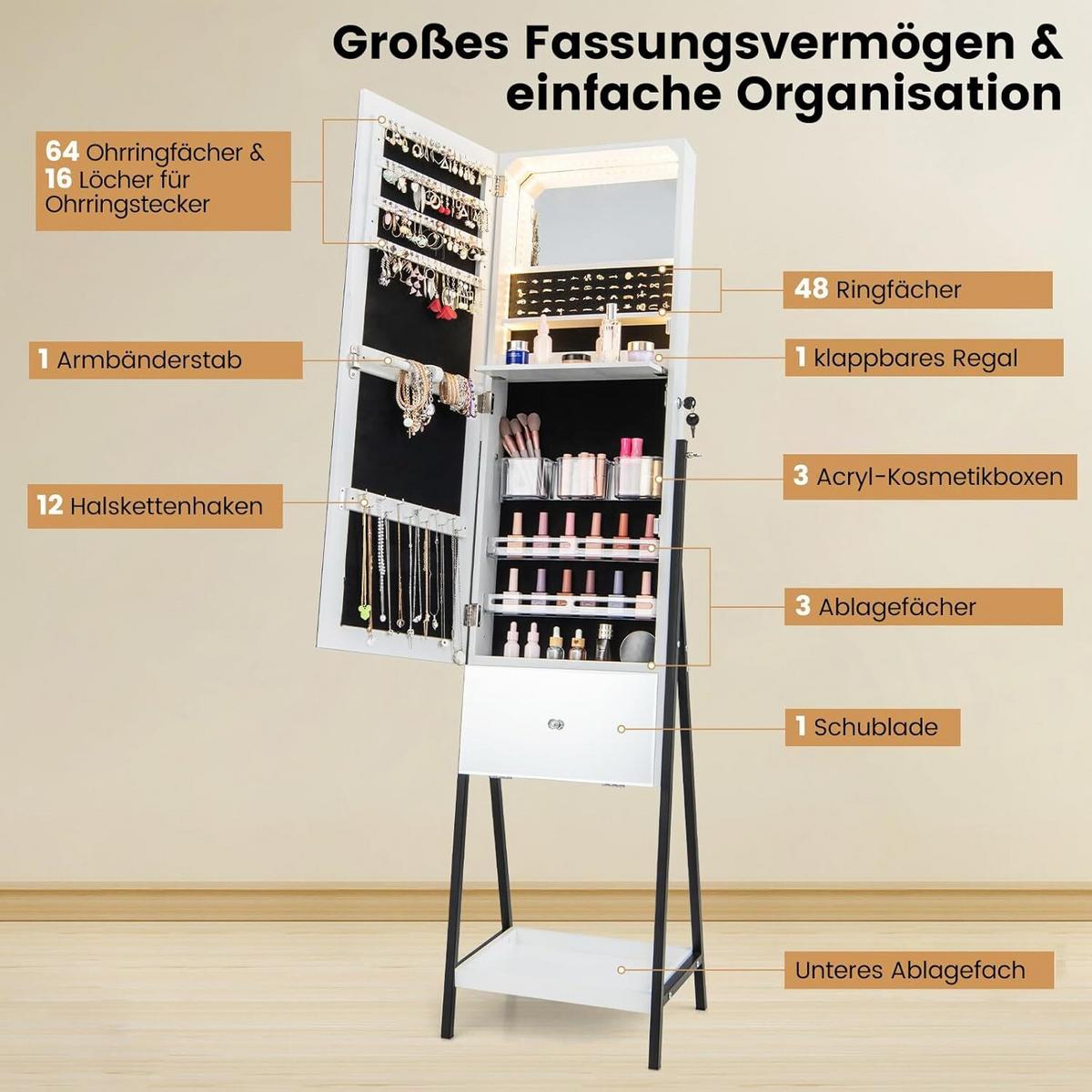 SCHMUCKSCHRANK 166cm Weiß - Weiß, Holz (41/166/35cm) - COSTWAY