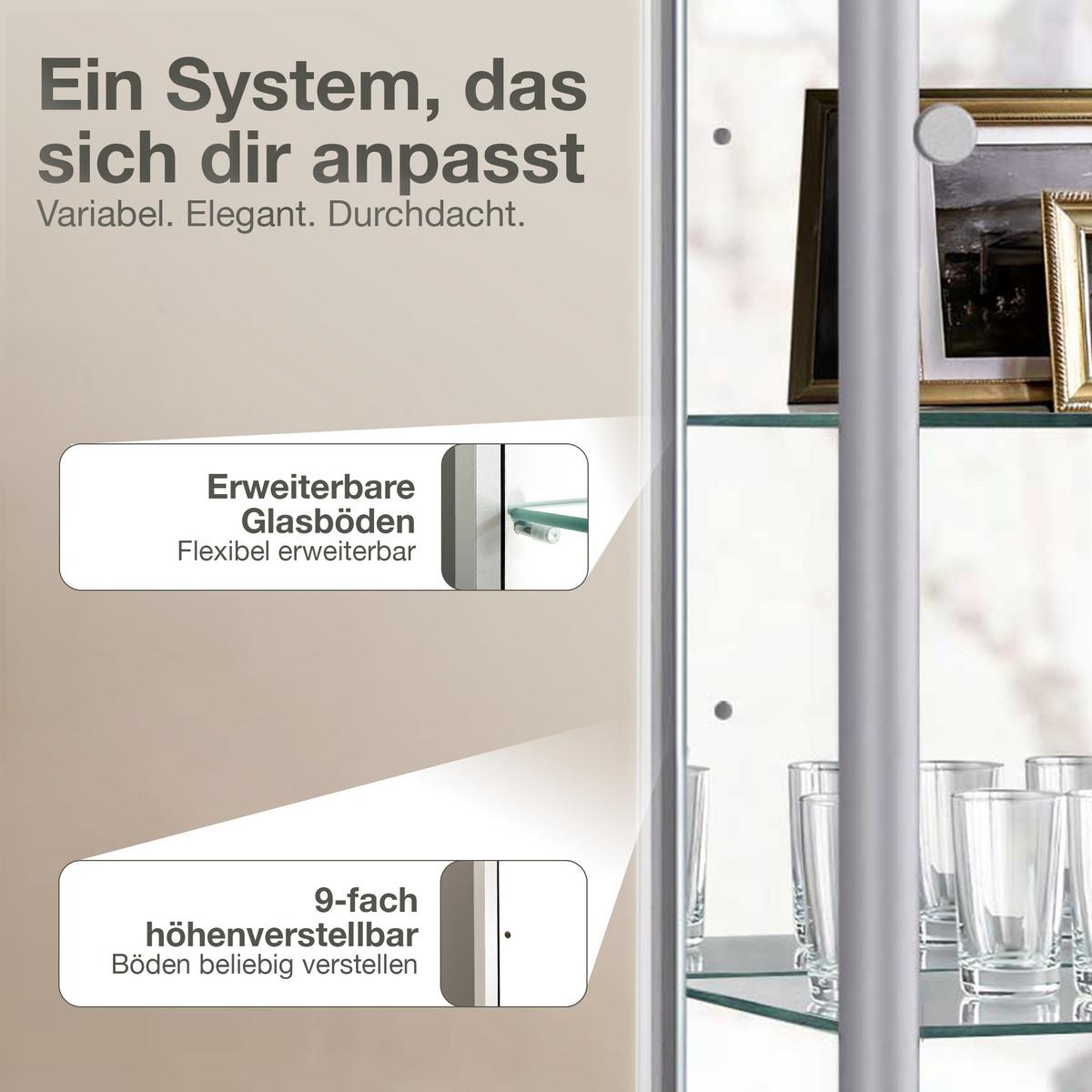 VITRINE 33/67/176 cm mit Spiegel, LED, Schloss & 4 höhenverstellbaren Glasböden - Transparent/Silberfarben, Glas/Holzwerkstoff (67/176/33cm) - K-Möbel