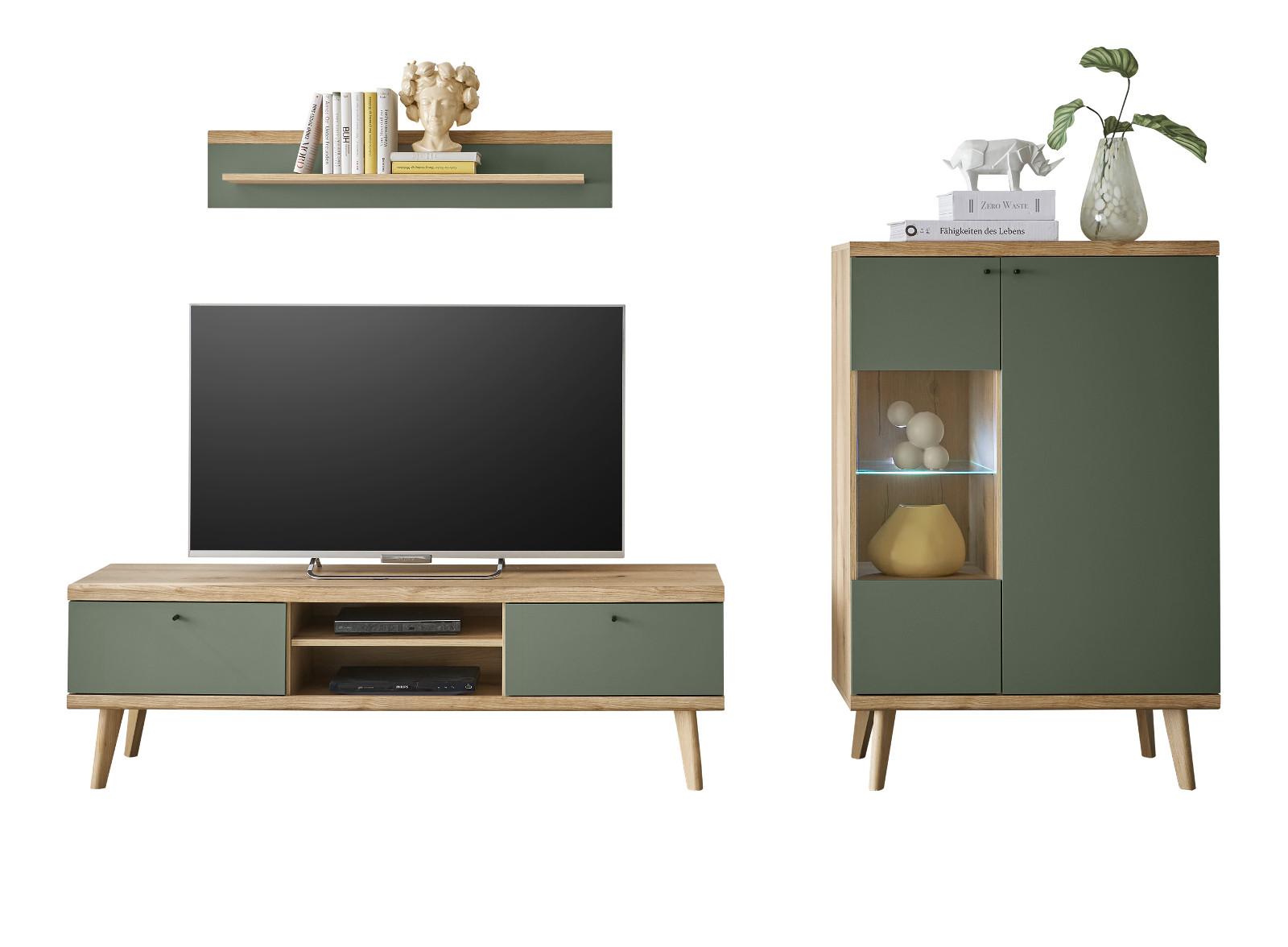 WOHNWAND 3-teilig salbei grün, Eiche Evoke, skandinavisch 260 cm, Schrankwand mit Highboard - Salbeigrün/Eichefarben, Glas/Eichenholz (260/160/40cm) - Furn.Design