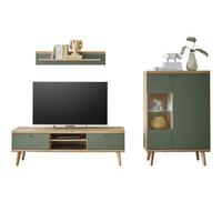 WOHNWAND 3-teilig salbei grün, Eiche Evoke, skandinavisch 260 cm, Schrankwand mit Highboard - Salbeigrün/Eichefarben, Glas/Eichenholz (260/160/40cm) - Furn.Design