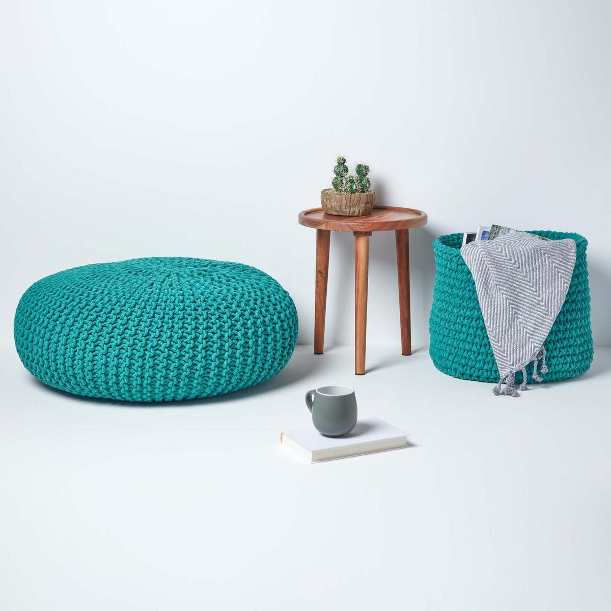 STRICK-POUF petrol-grün, Bodenkissen rund 70/70/23 cm - Grün, Textil (70/23/70cm) - Homescapes