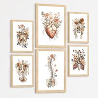 POSTER Set aus 6 Anatomie Mensch Florale Aquarell Drucke und mit Gehirn Lungen Skelett Nieren und Organen Botanische Größe Leichter Holzrahmen A3 & A4 - Beige, Papier (21/29.7/3cm) - Nacnic
