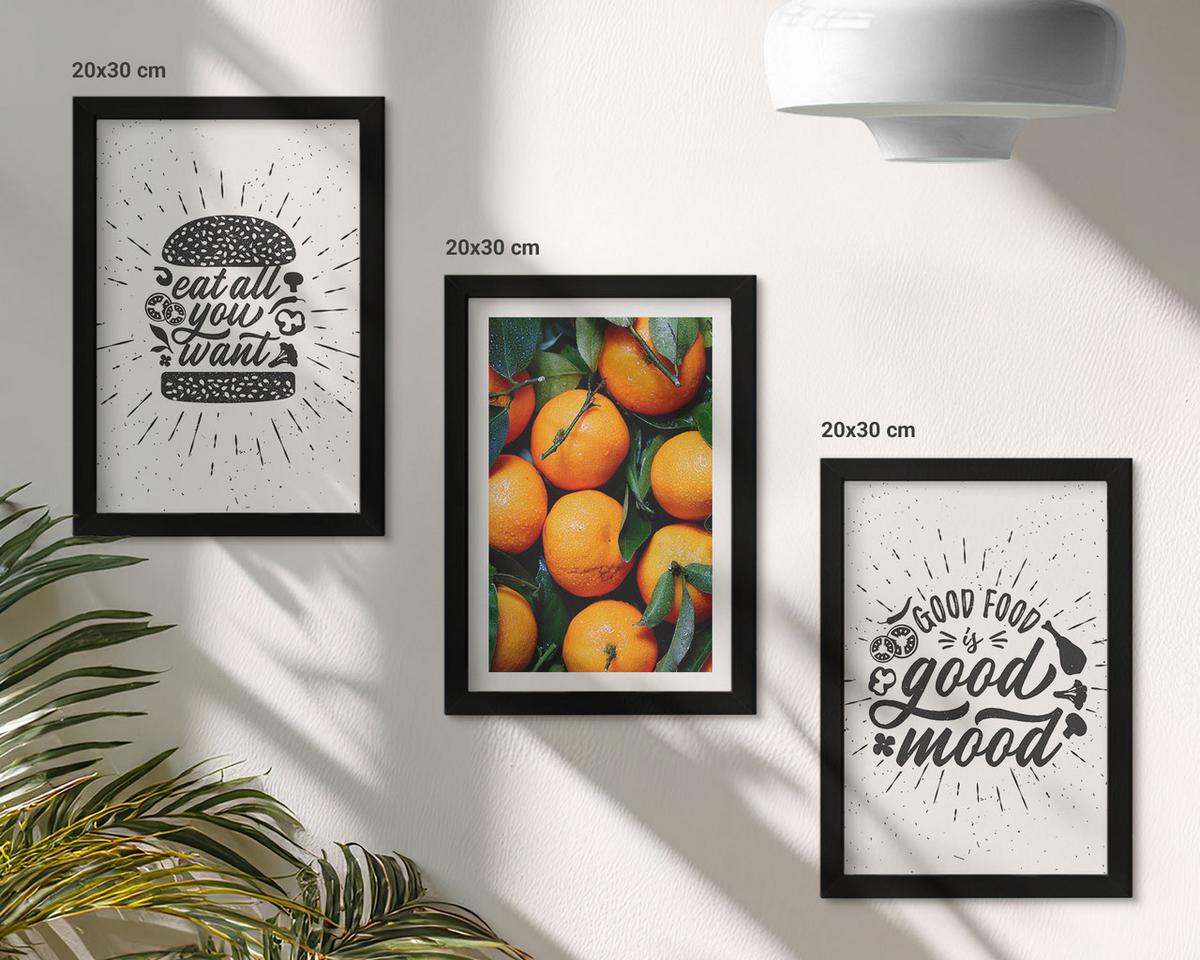 BILDER SET 3er Set - 20x30 cm Schwarzer Rahmen - Juicy Oranges Kitchen - Schwarz, Kunststoff (20/30cm) - TULUP