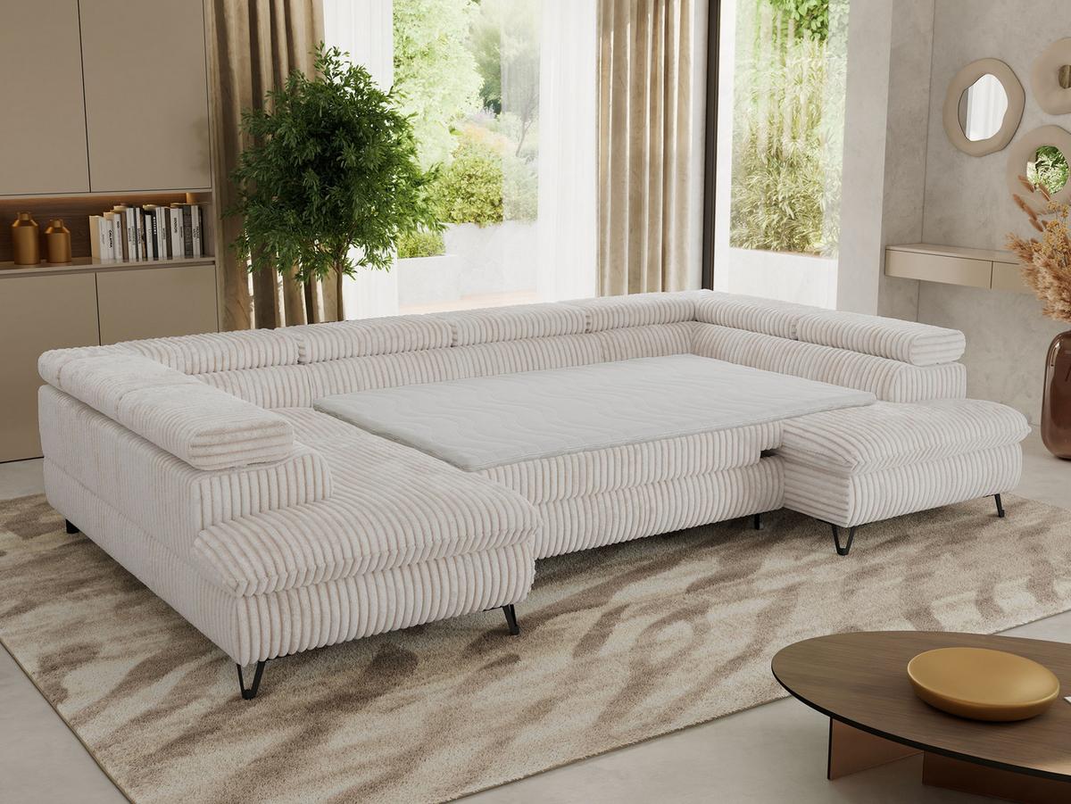 WOHNLANDSCHAFT PABLO U Cord Beige mit Topper Visco - Beige/Schwarz, Textil/Metall (346/76/208cm) - MKS